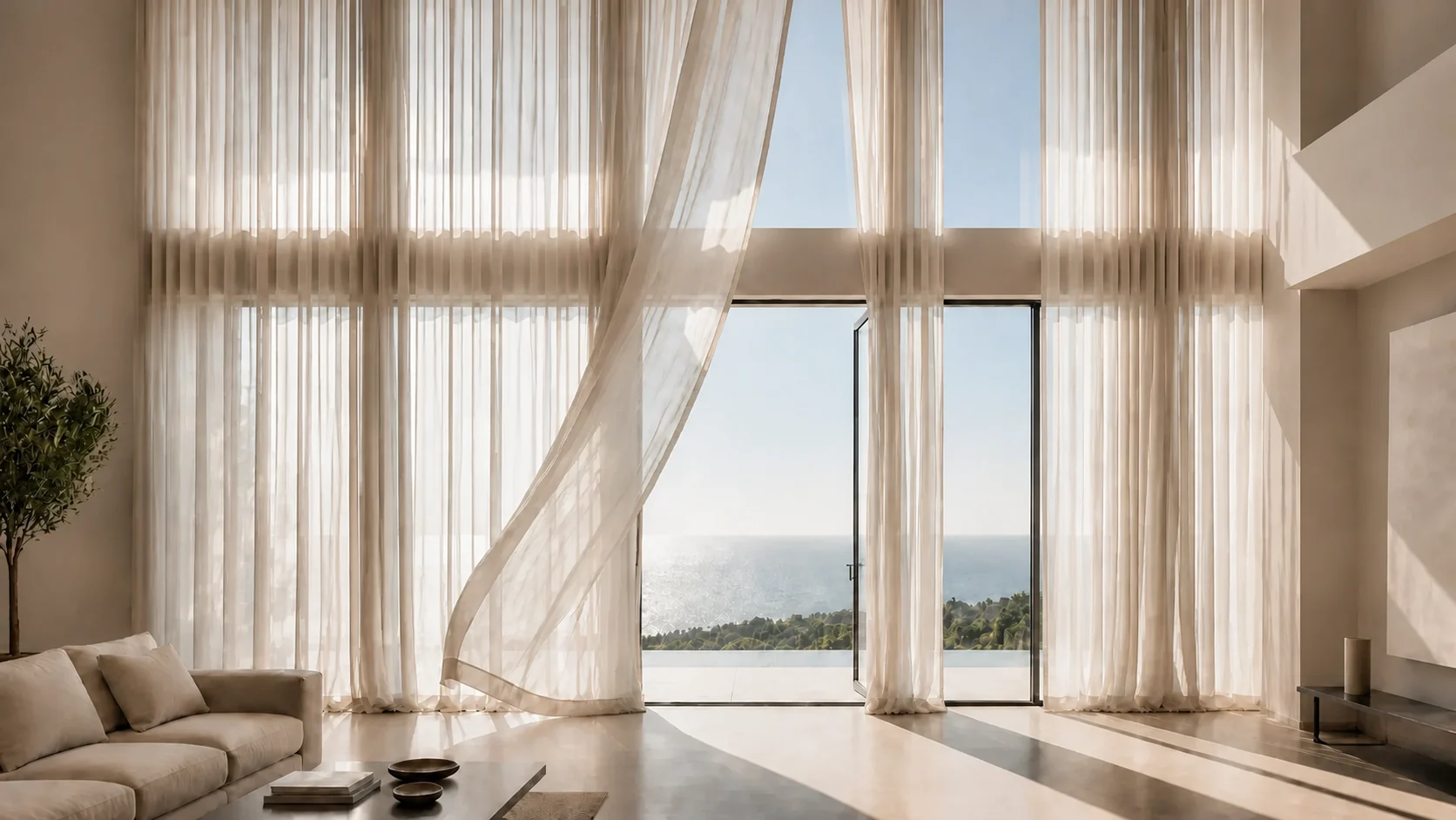 Monumental ivory sheer curtains in warm mushroom-beige Mediterranean daylight inside a double-height Costa del Sol villa