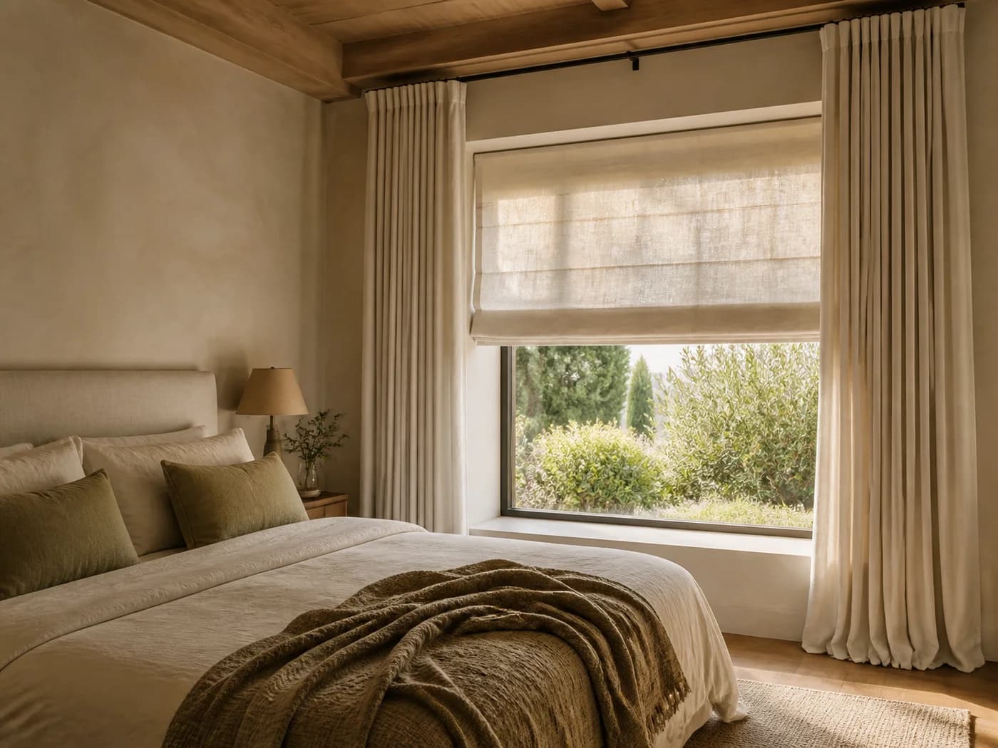 Roman blind and layered curtains in an Estepona townhouse bedroom