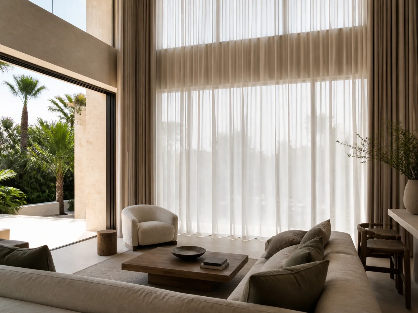 Double-height custom curtain installation in a Nueva Andalucía villa